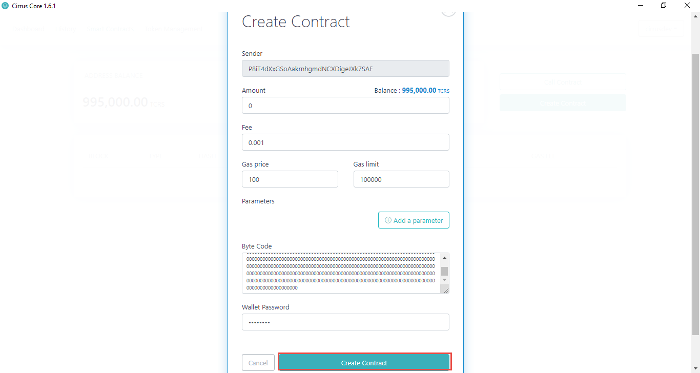 deploy Smart Contract using Cirrus Core Private Net wallet